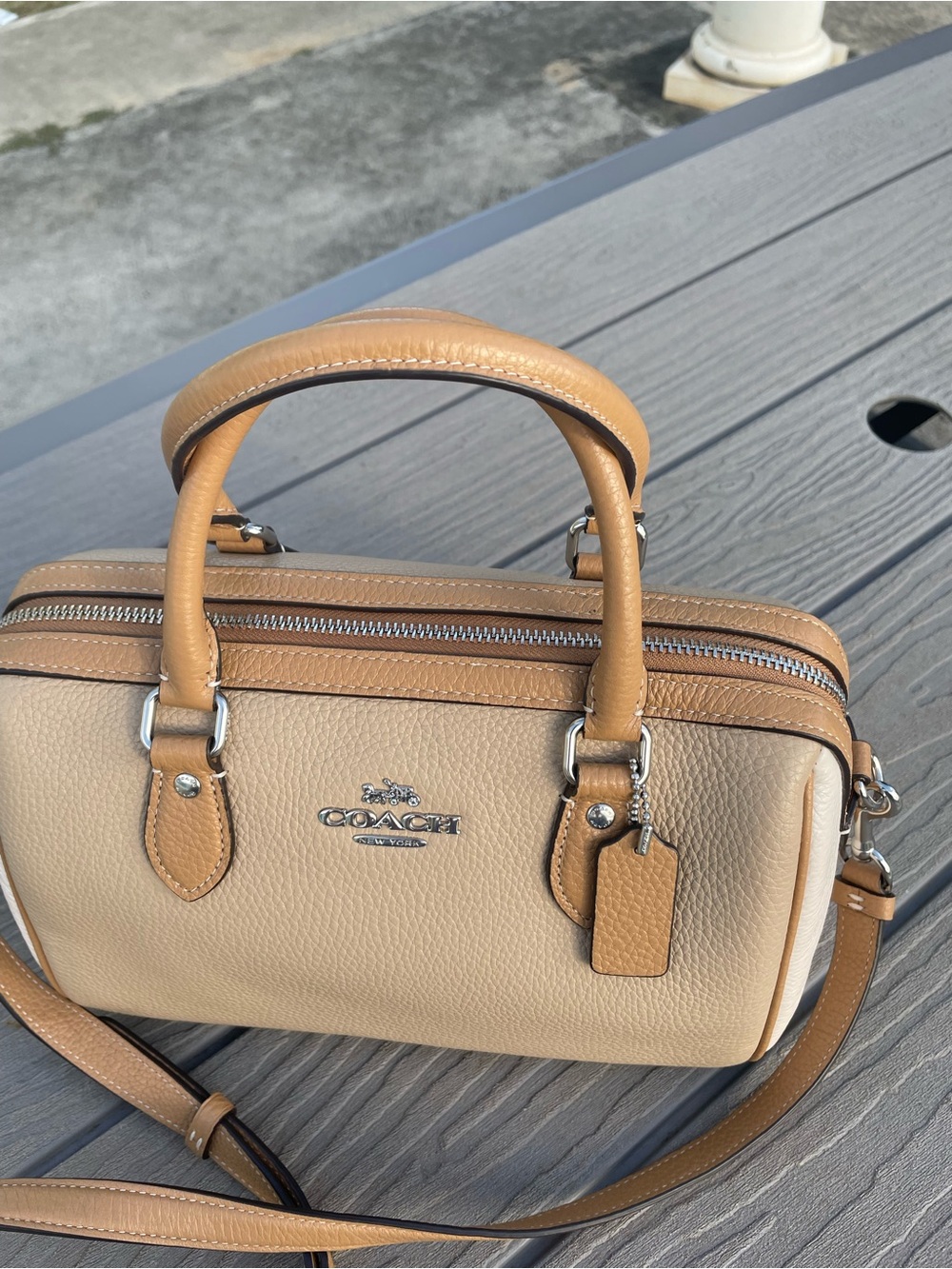 COACH Medium Tan and Cream Pebbled Leather Rowen with Detachable Strap - Picture 3 of 10